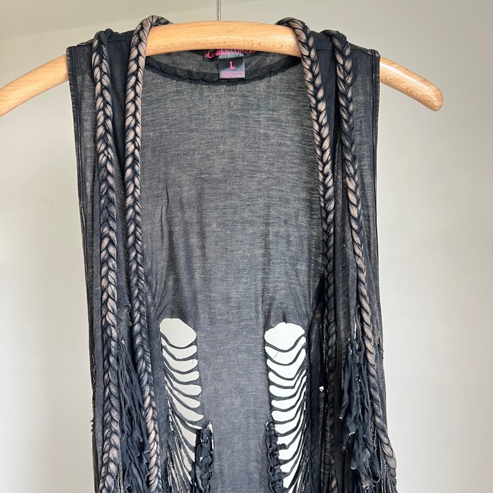 Rock & Roll Cowgirl Vest Large Black Braided Fringe Western Boho Edgy Festival - Picture 13 of 15